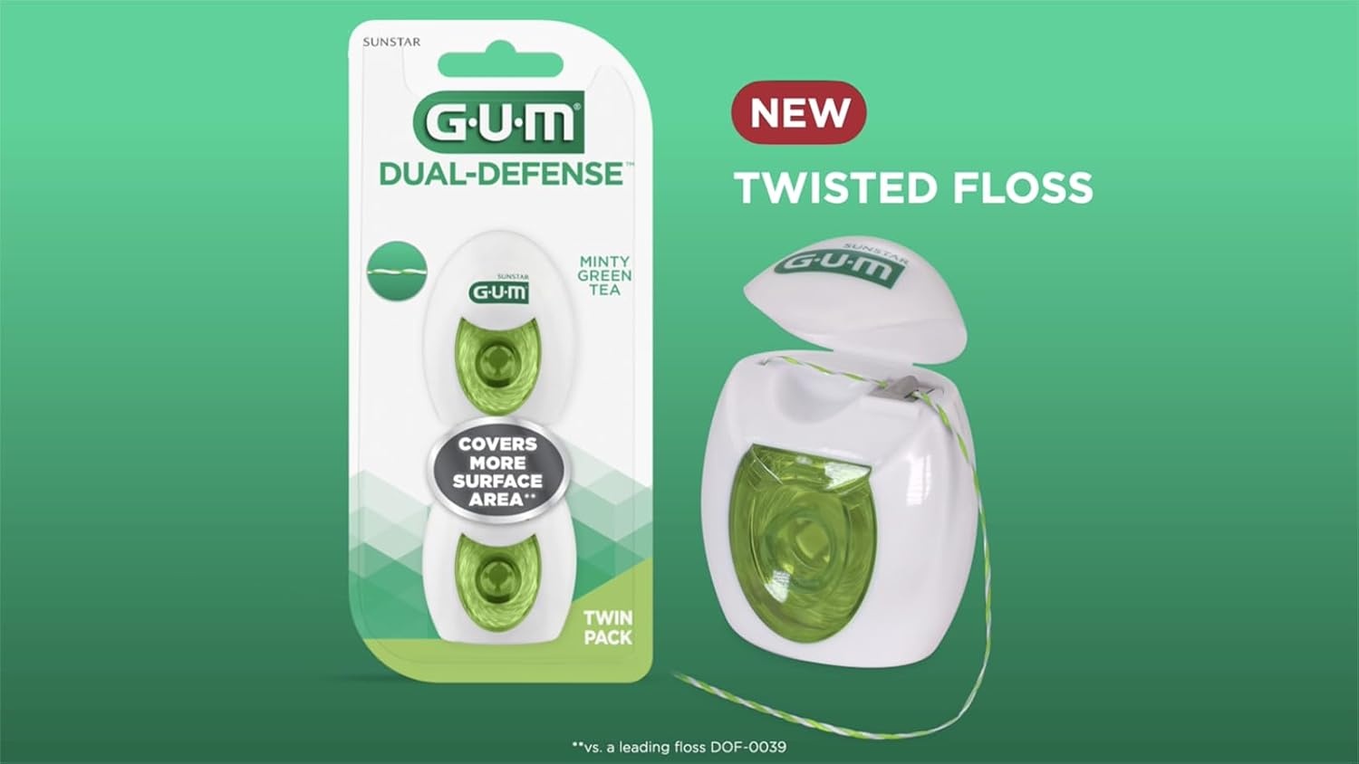 image:imageGUM DualDefense Twisted Dental Floss Double Strand Waxed Floss Green Tea and Mint 2ct 3pk