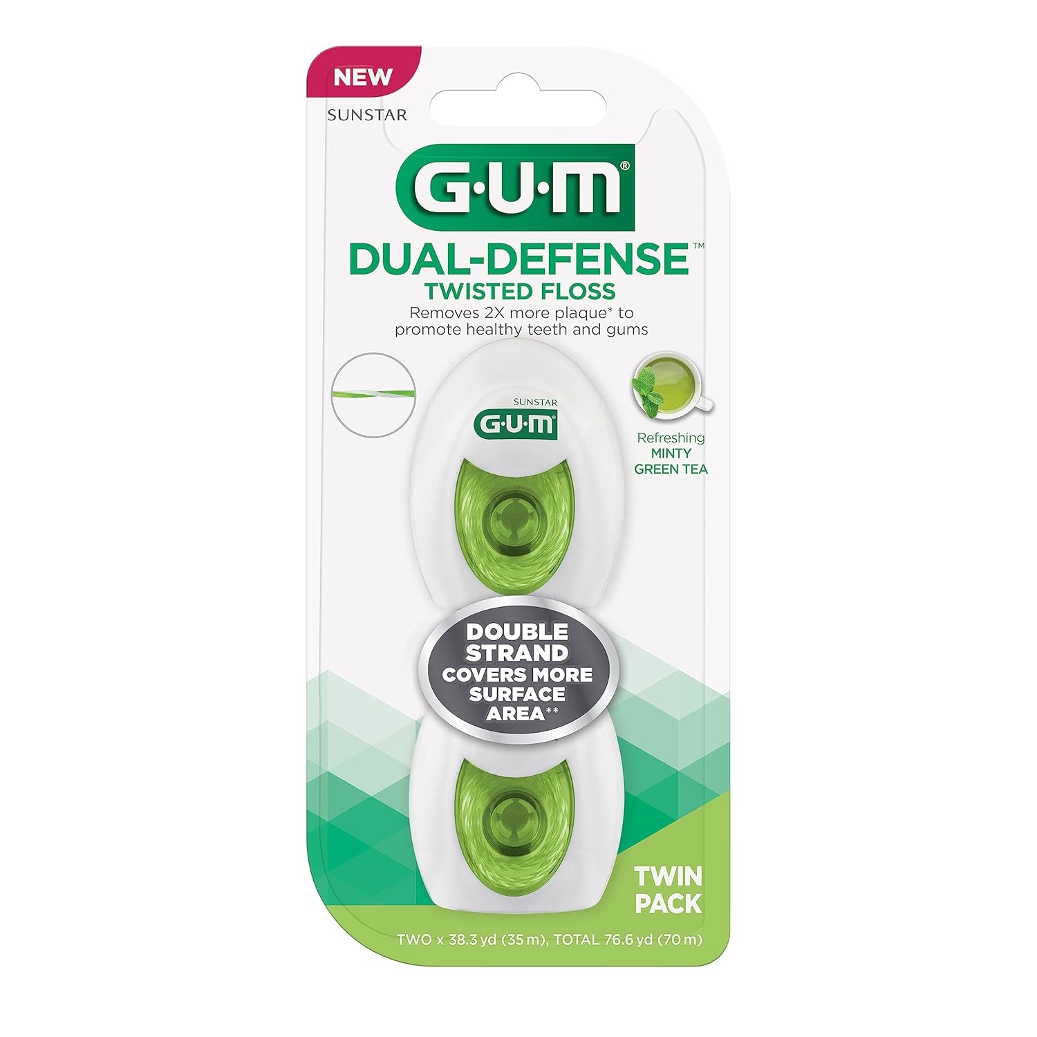 image:imageGUM DualDefense Twisted Dental Floss Double Strand Waxed Floss Green Tea and Mint 2ct 3pk